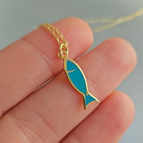 Yeşil Mineli Balık Kolye Gold