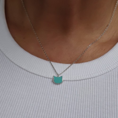FİRUZE TURKUAZ KEDİ 925 GÜMÜŞ KOLYE