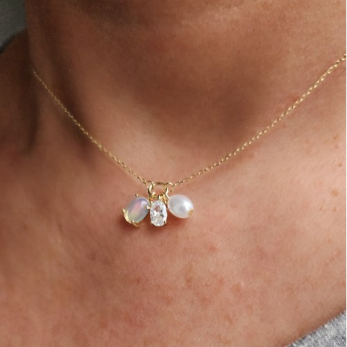 AY TAŞI İNCİ TEK TAŞ ÜÇ CHARMLI 925 GÜMÜŞ KOLYE