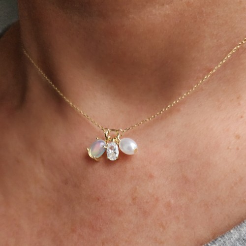 AY TAŞI İNCİ TEK TAŞ ÜÇ CHARMLI 925 GÜMÜŞ KOLYE