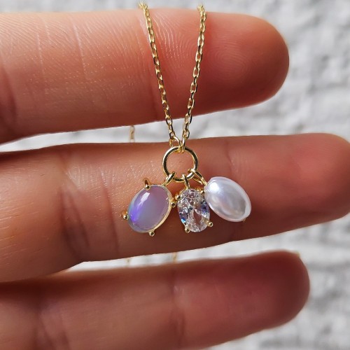 AY TAŞI İNCİ TEK TAŞ ÜÇ CHARMLI 925 GÜMÜŞ KOLYE